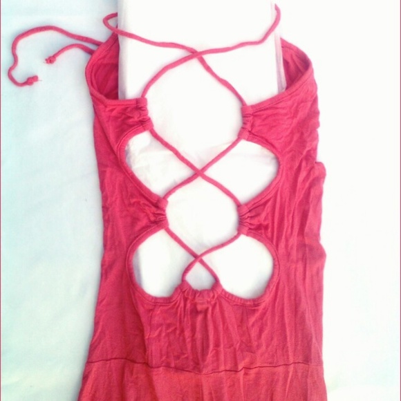 Coral Open Back Crisscross Halter Maxi Tube Dress Symphony Full Length Sexy Sm - Picture 4 of 7